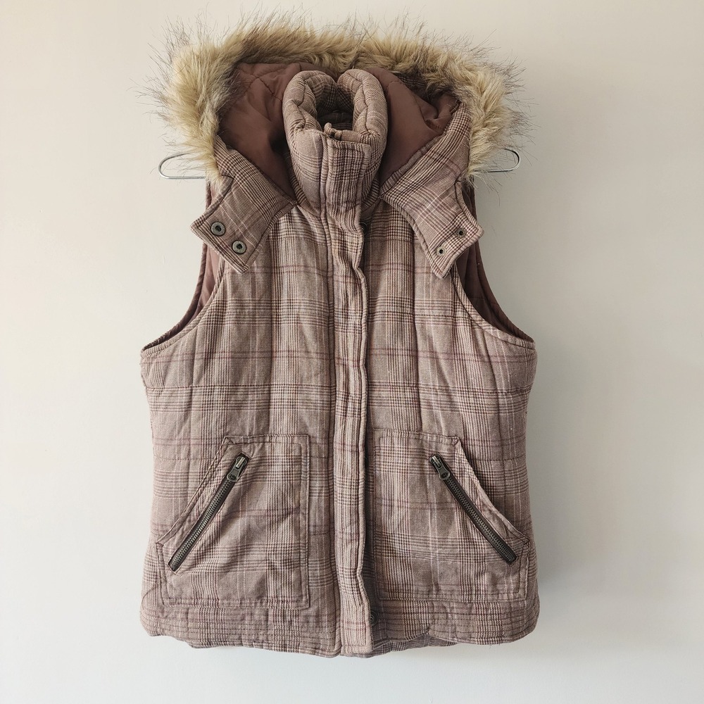 Mandee Puffer Vest Women Large Brown Plaid Hooded Faux Fur Trim Winter Layering
